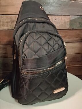 Quilted Black Sling Backpack with Gold Hardware